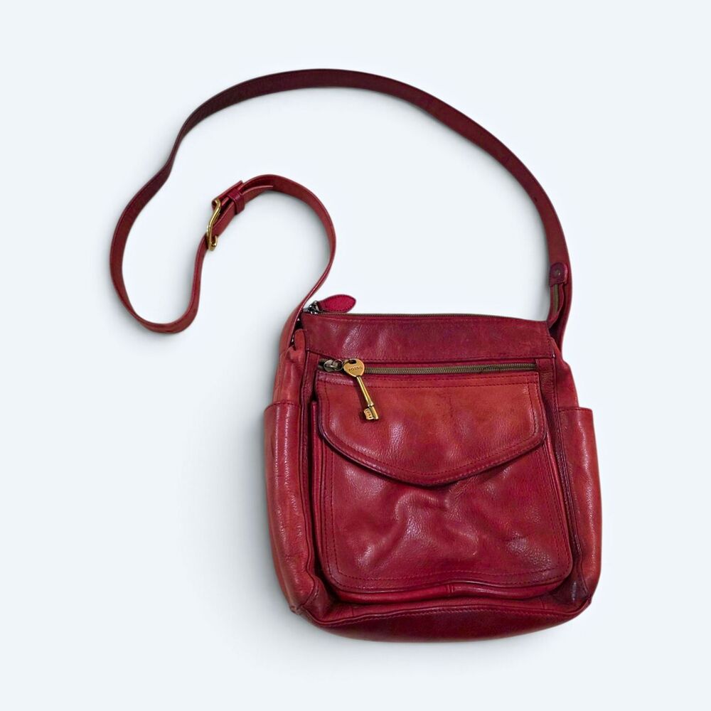 Vintage Fossil Red Leather 1954 Crossbody Organizer Bag Style 75082
